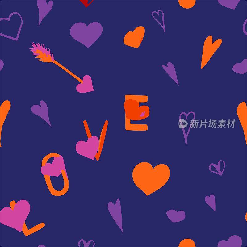 Romantic pattern of pink and orange hearts and love lettering, on a blue background for your design and fabric